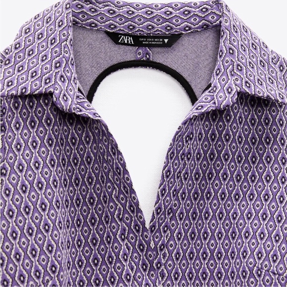 Women’s Zara Bodysuit Large Lavender Printed Collared Short Sleeve Back Cutout - Picture 6 of 12